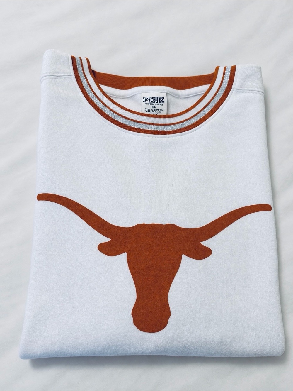 PINK Victoria's Secret White Crewneck with Rust Longhorn Graphic